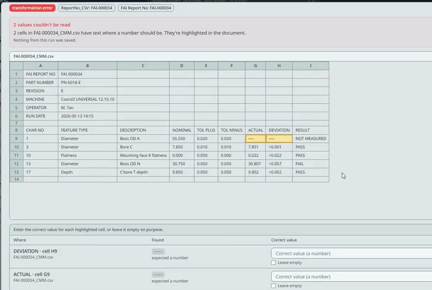 A transformation error in the app: two cells in a CMM file have text where a number should be. The cells are highlighted in the document, and below them are boxes to enter the correct value or leave it empty on purpose.