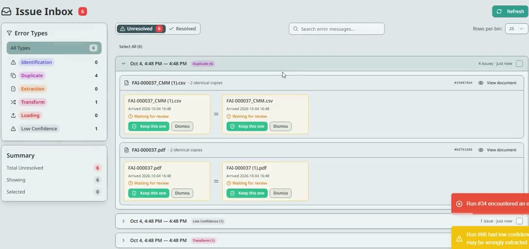 The Issues inbox in the app. Error types down the left: Identification, Duplicate, Extraction, Transform, Loading, Low confidence. Two duplicate files are shown side by side with Keep this one and Dismiss buttons.