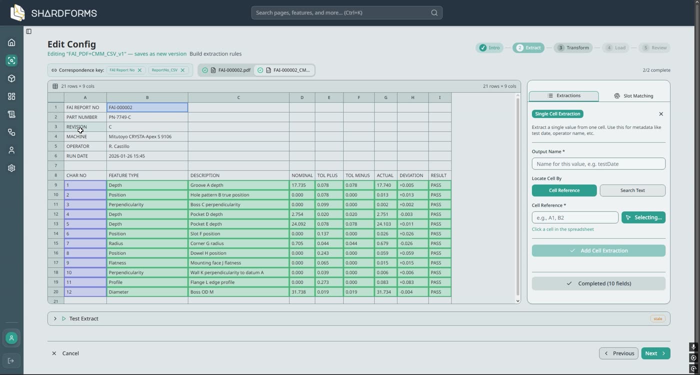 The config editor with an FAI cover sheet open. Labels such as Part number and Drawing number are highlighted next to their values.