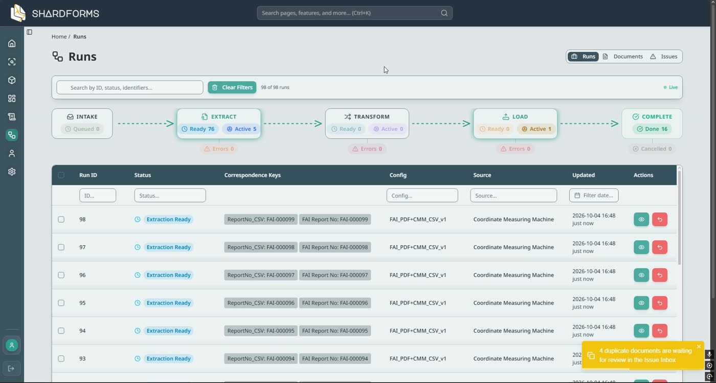 The Runs page. Each run shows two matched keys, such as ReportNo_CSV FAI-000099 and FAI Report No FAI-000099.