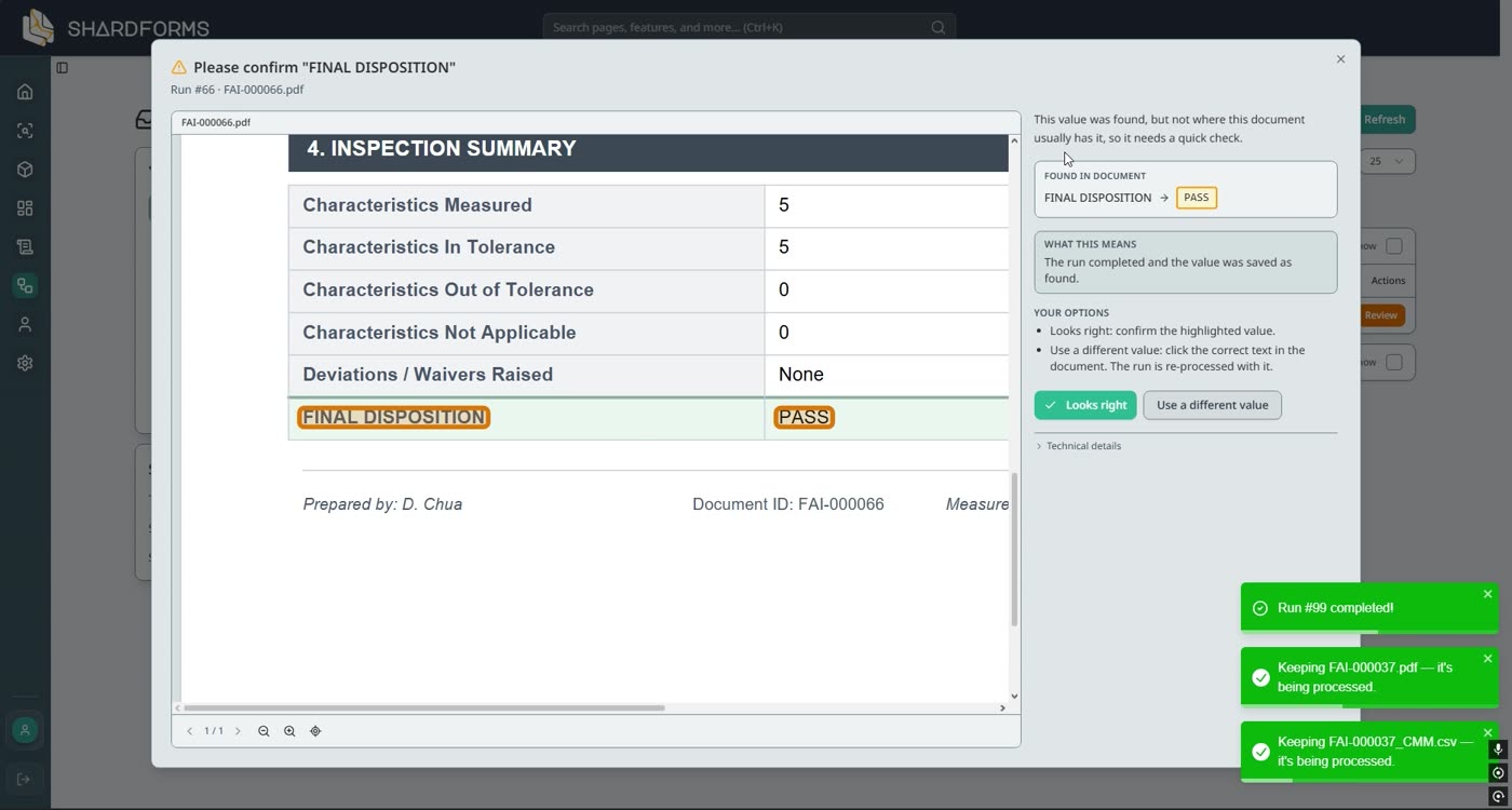 A dialog asking a person to confirm the Final Disposition value read from the inspection summary.